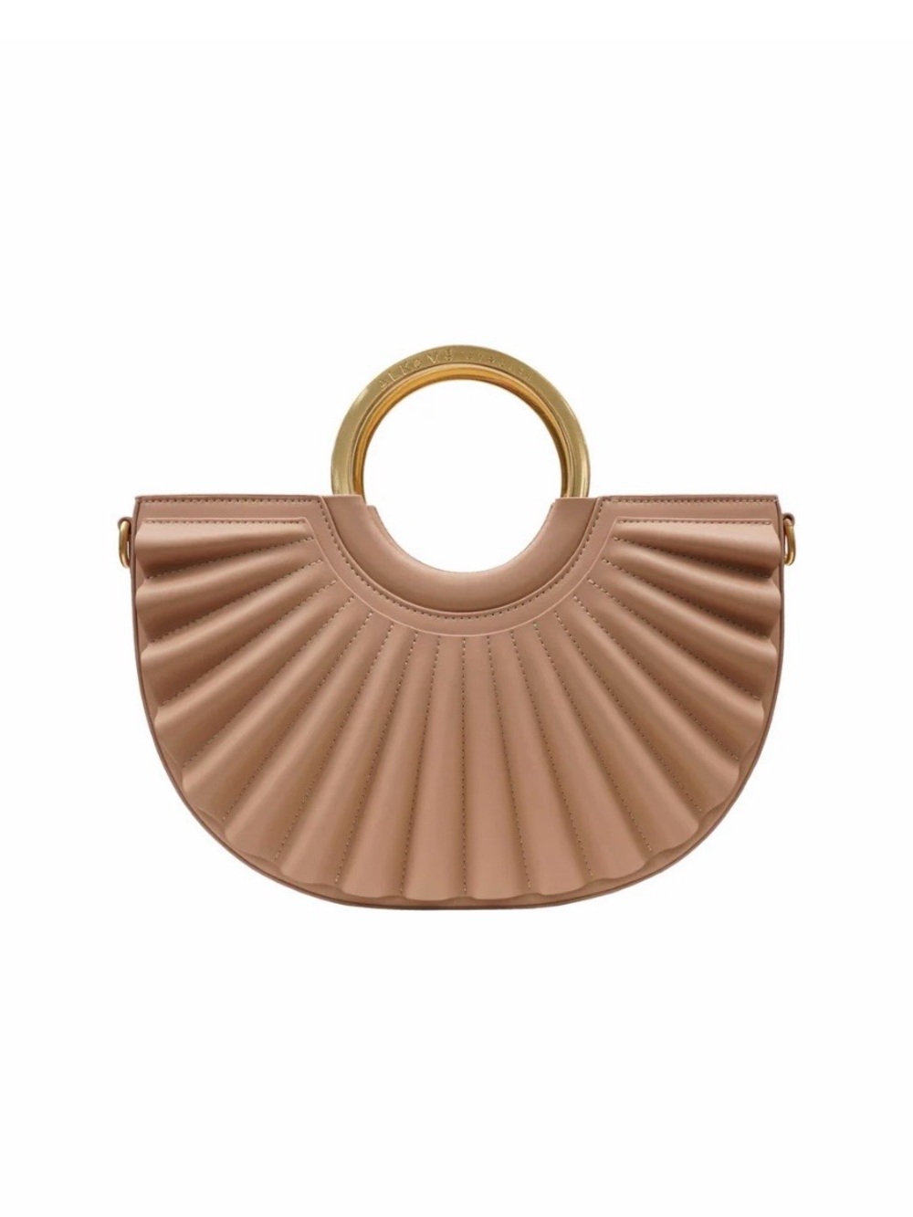 Fan-Detail Half-Moon Clutch in Taupe with Gold Ring Handle